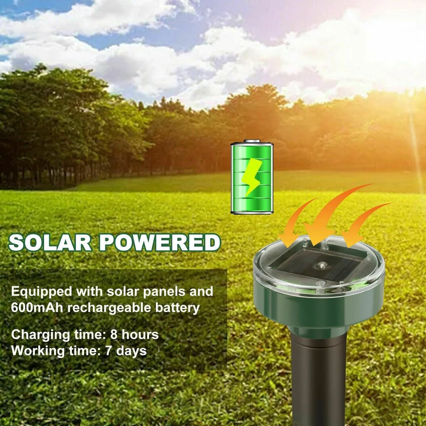 Solar Power Animal Repeller Ultrasonic Mole Pest Cat Mice Rodent Outdoor LED 2PK